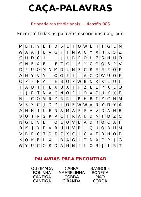 Amostra Desafio 005: página de caça-palavras com o tema Brincadeiras tradicionais
