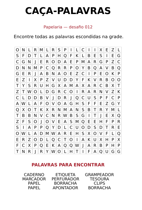 Amostra Desafio 012: página de caça-palavras com o tema Papelaria