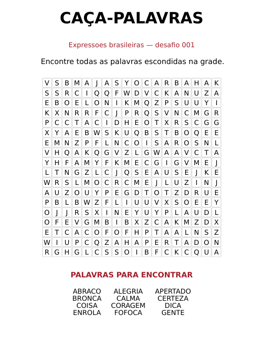 Amostra Desafio 001: página de caça-palavras com o tema Expressões brasileiras
